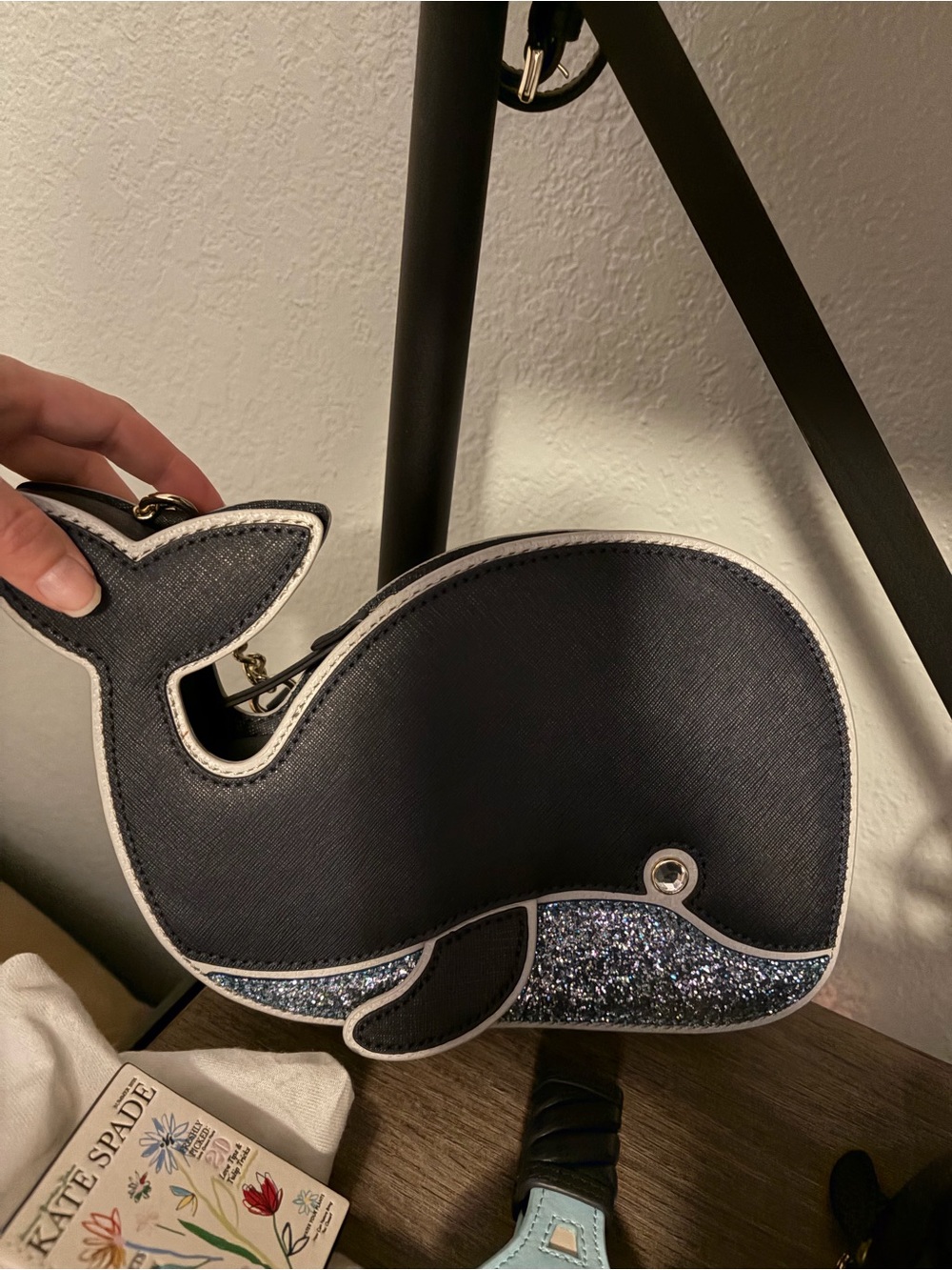 kate spade navy whale-shaped crossbody with silver glitter